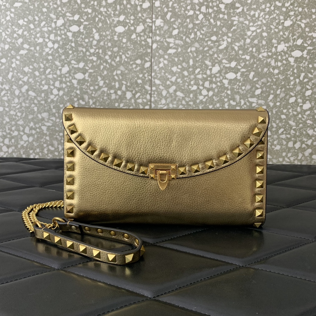 Valentino Garavani Rockstud Small Shoulder Bag in Gold Grainy Calfskin